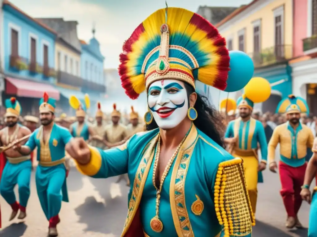 Vibrante jerga murgas carnaval uruguayo con coloridos disfraces, danzas y música festiva