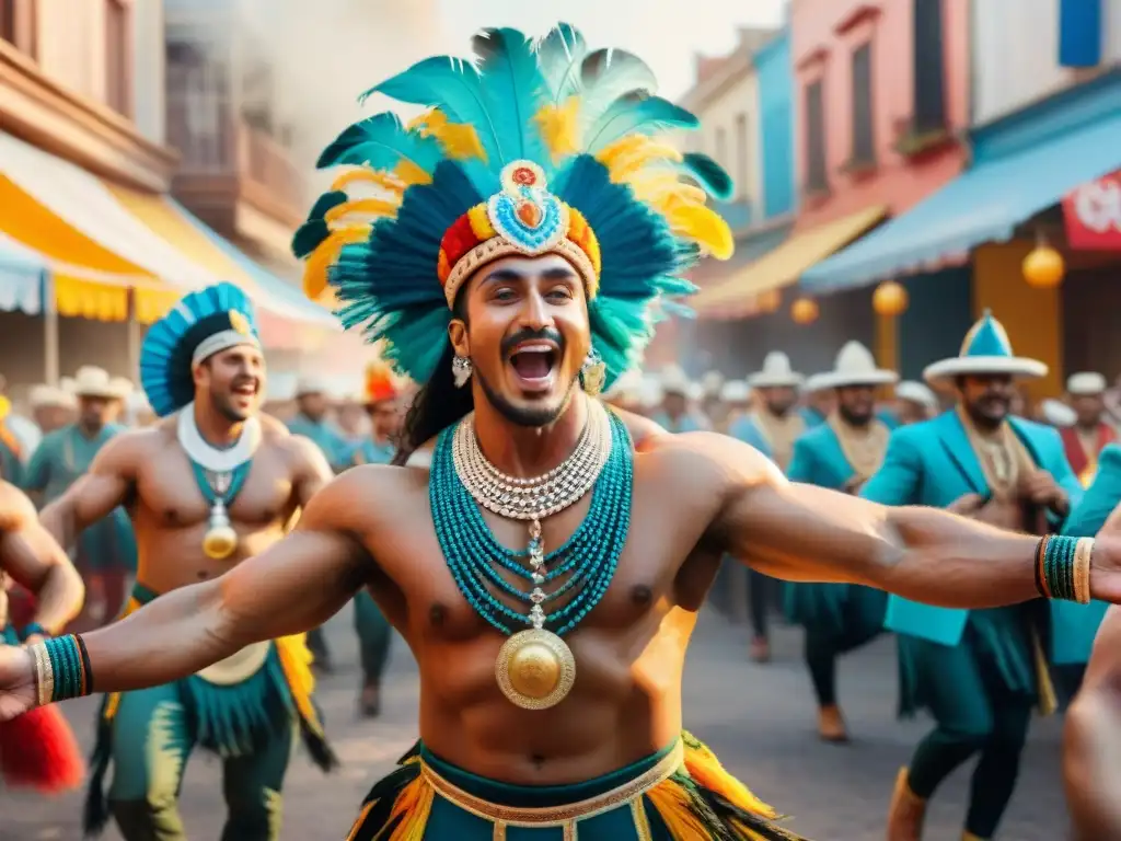 Vibrante ilustración acuarela de la jerga murgas carnaval uruguayo, con coloridos personajes y festiva atmósfera