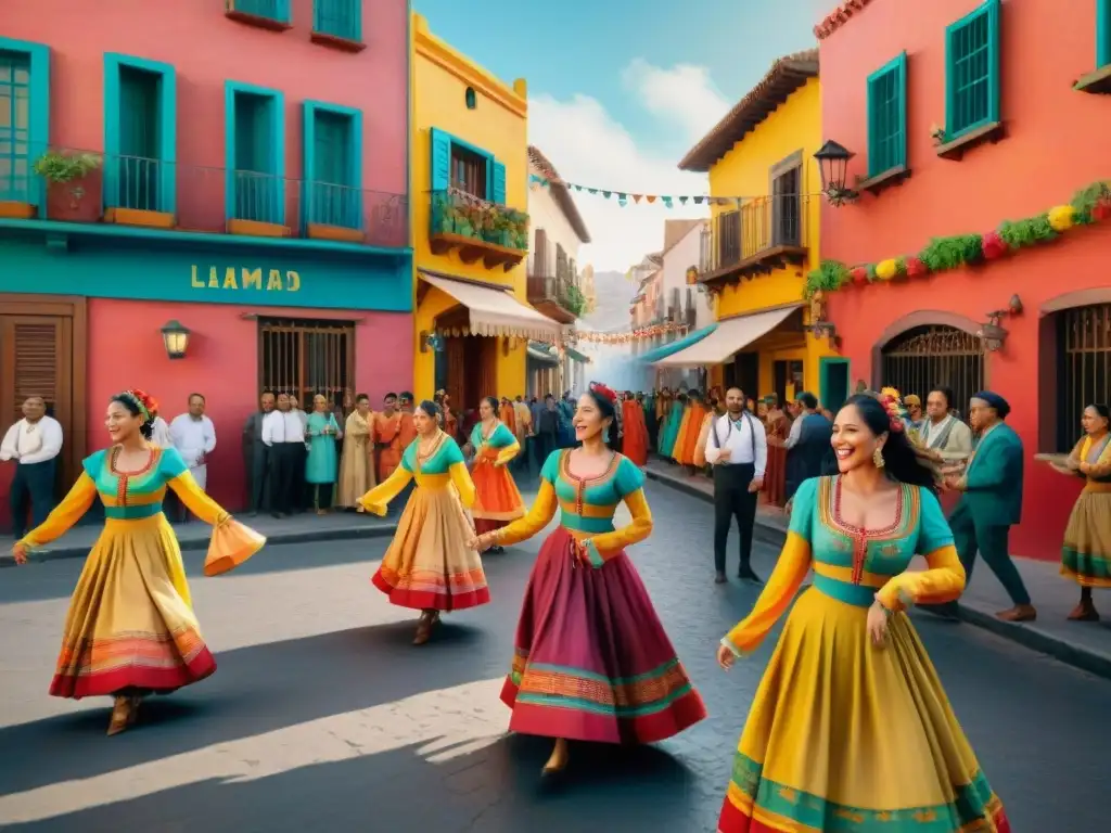 Vibrante ilustración acuarela de 'Las Llamadas', reflejando la energía y unidad de la celebración