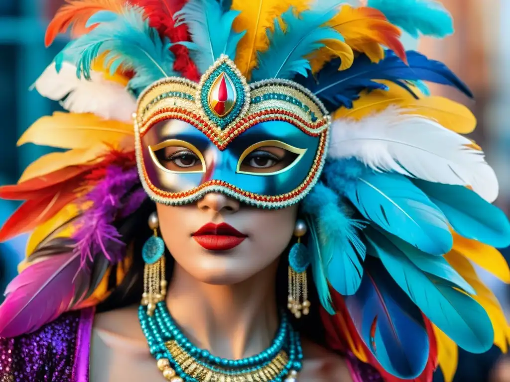 Un vibrante look perfecto Carnaval Uruguayo: máscaras coloridas, tocados adornados y trajes con bordados y lentejuelas