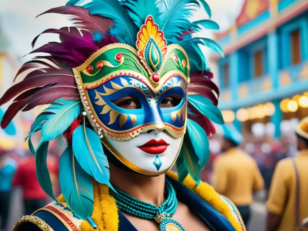 Vibrante máscara de Carnaval Uruguayo con simbolismo y plumas coloridas en desfile festivo