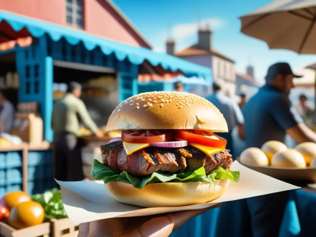 Un vibrante mercado al aire libre en Uruguay con puestos de comida vendiendo Chivitos