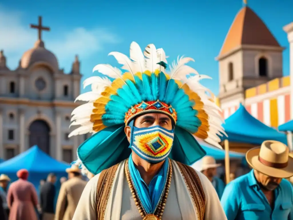 Vibrante mercado en Uruguay con artesanos creando Trajes Carnaval Uruguayo artesanales bajo un cielo azul