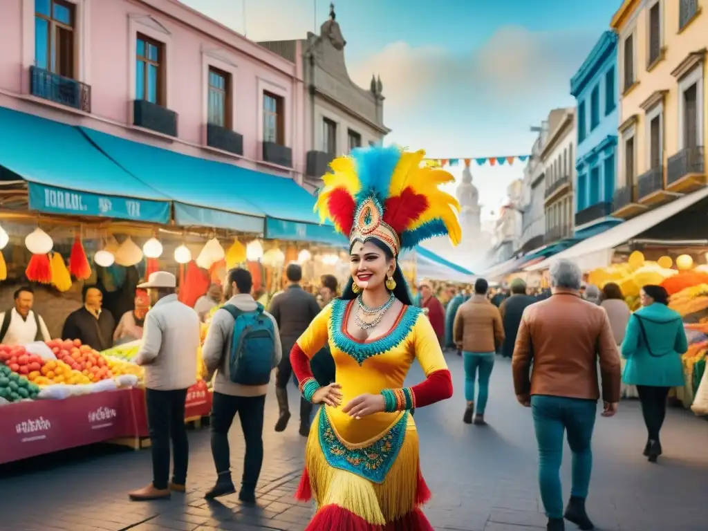 Un vibrante mercado callejero en Montevideo durante el Carnaval Uruguayo 2023, lleno de colores y energía