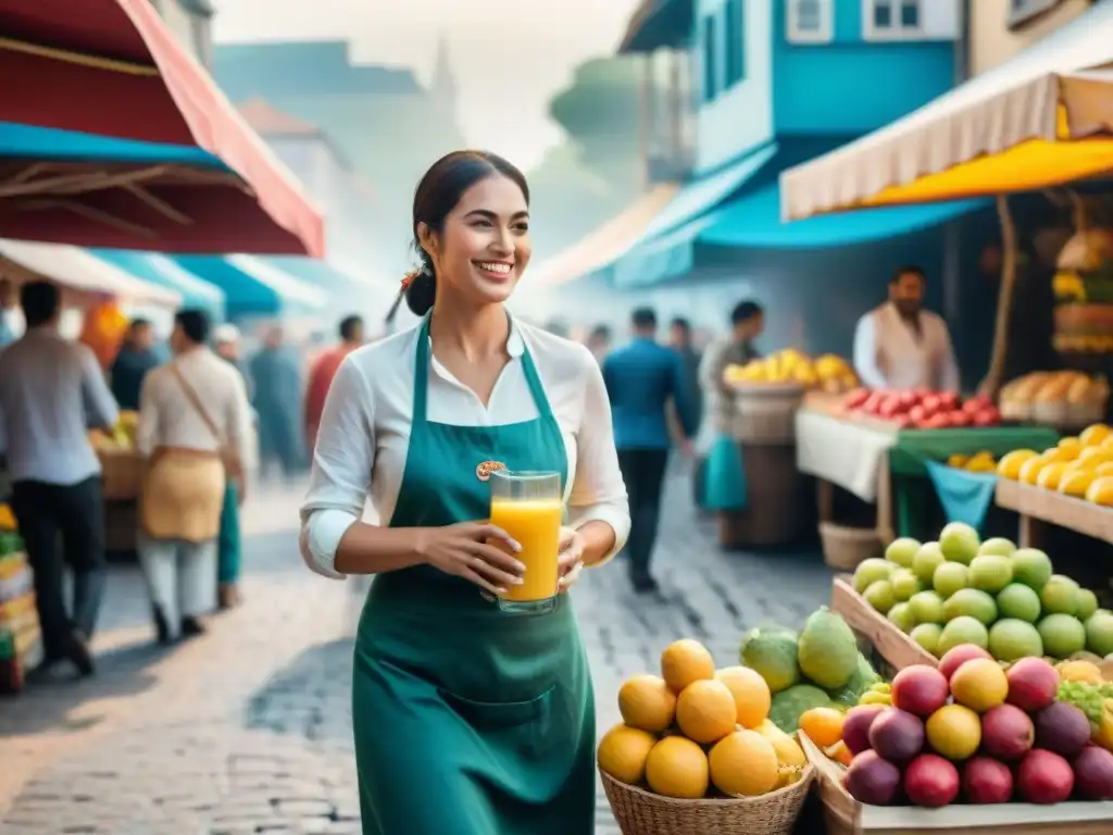 Un vibrante mercado callejero durante el Carnaval en Uruguay, con vendedores de frutas frescas para recetas de licuados refrescantes