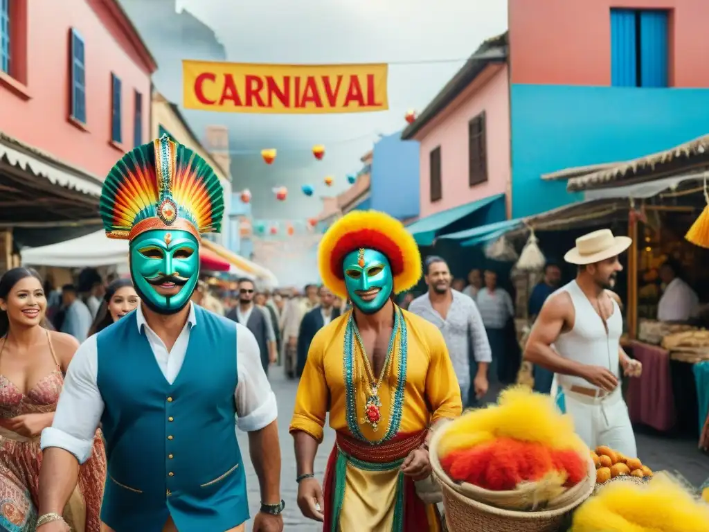 Vibrante mercado callejero del Carnaval en Uruguay con artesanías y desfile de comparsas