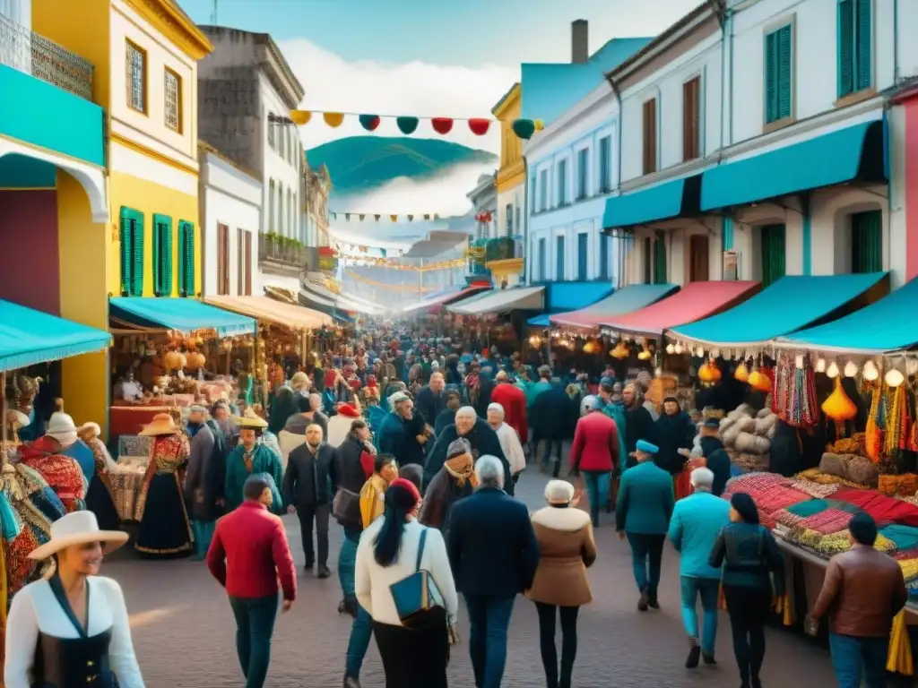 Vibrante mercado callejero durante el Carnaval Uruguayo, reflejando el impacto económico del evento