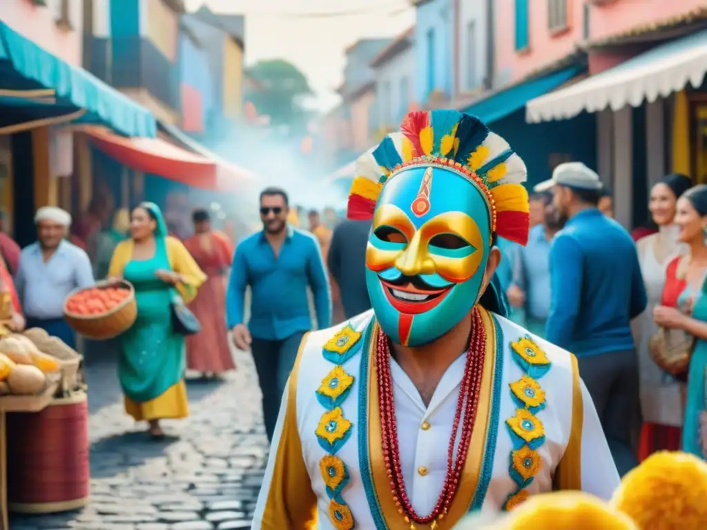 Vibrante mercado callejero del Carnaval en Uruguay con merchandising ediciones limitadas