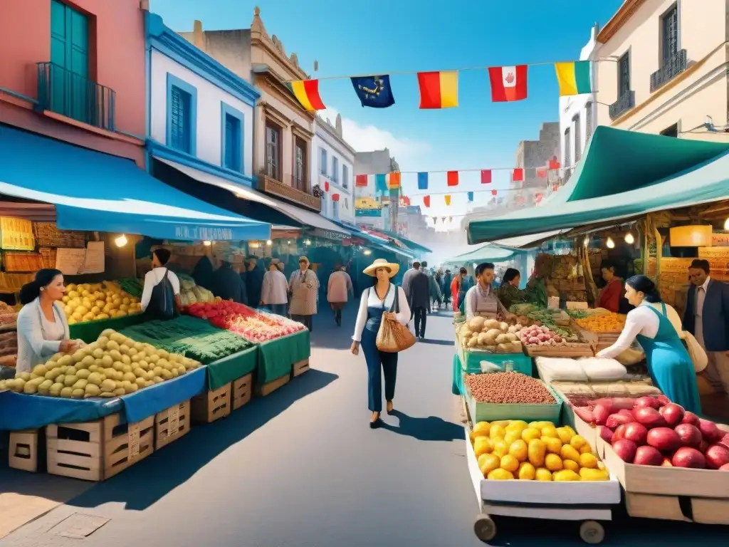 Un vibrante mercado callejero en Montevideo, Uruguay, con merchandising inspirado en el Carnaval Uruguayo y una atmósfera festiva y colorida