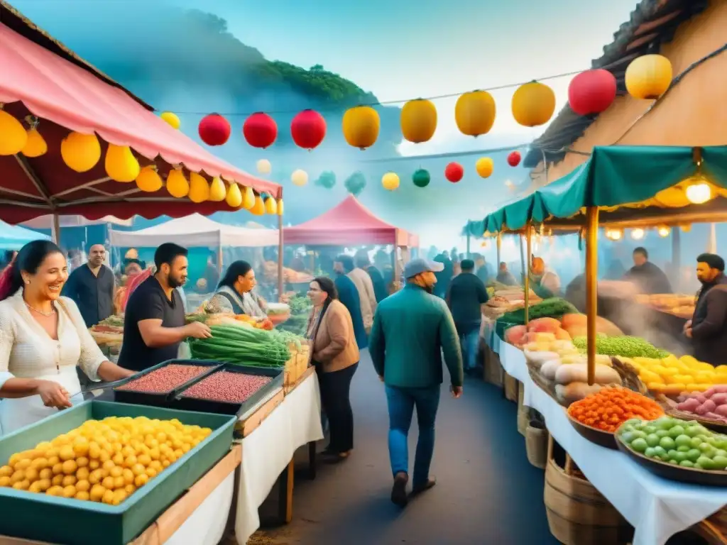 Un vibrante mercado callejero uruguayo durante el Carnaval, con Alimentación sostenible y diversidad de personas disfrutando en trajes coloridos