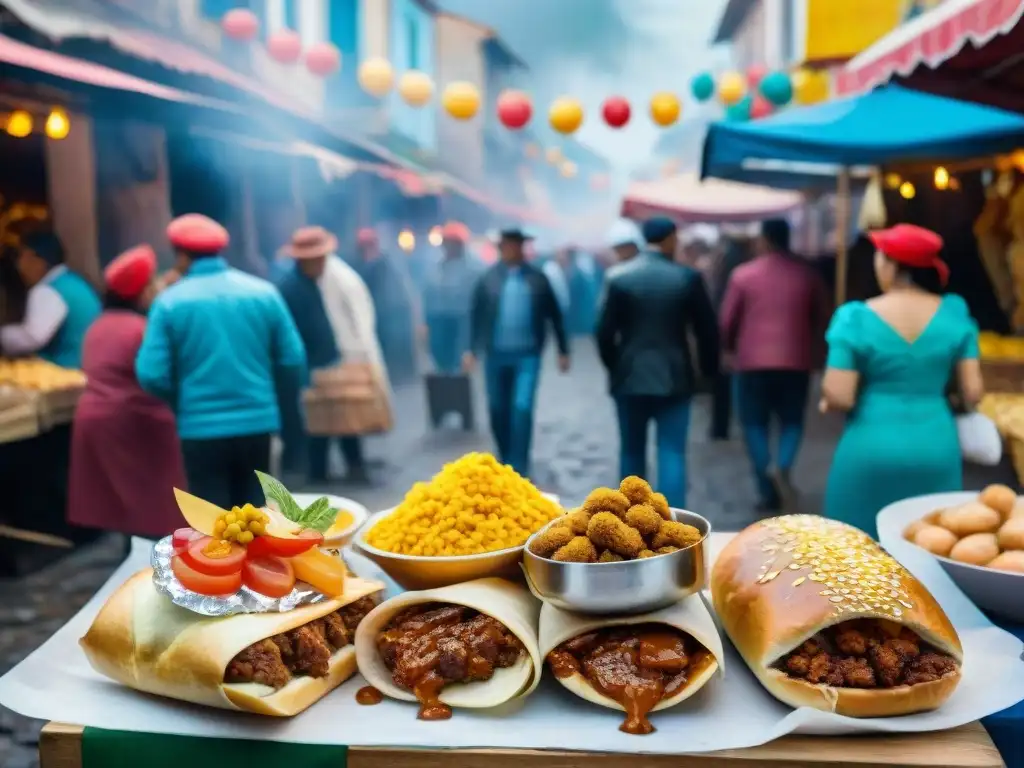 Vibrante mercado callejero uruguayo durante carnavales, repleto de delicias gastronómicas, turistas y lugareños