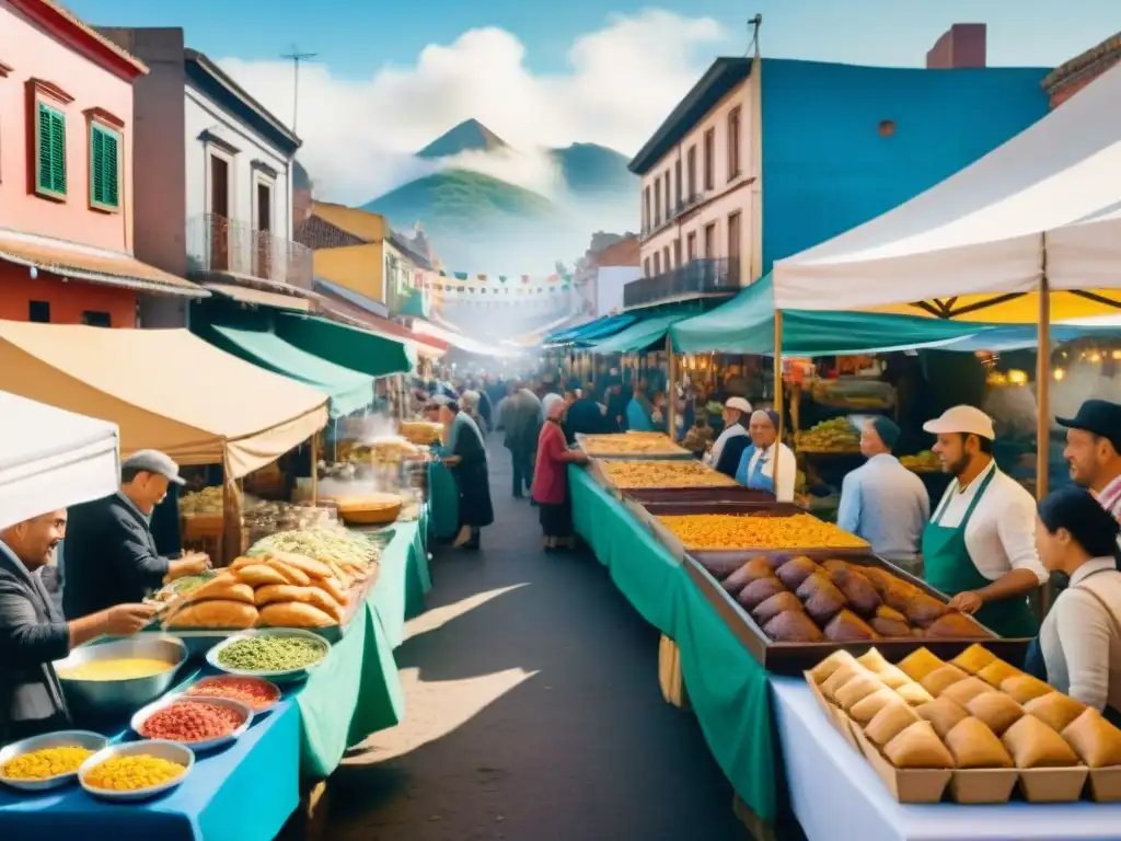 Un vibrante mercado callejero uruguayo durante el carnaval, con puestos de alimentos sostenibles y tradicionales como asado y empanadas