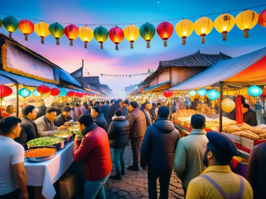 Vibrante mercado de Carnaval con deliciosa comida callejera bajo un cielo estrellado