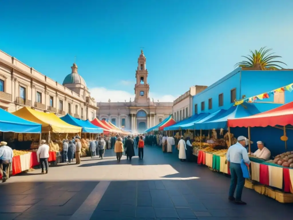 Un vibrante mercado durante el Carnaval en Montevideo, Uruguay, con puestos coloridos vendiendo merchandising oficial Carnaval Uruguayo