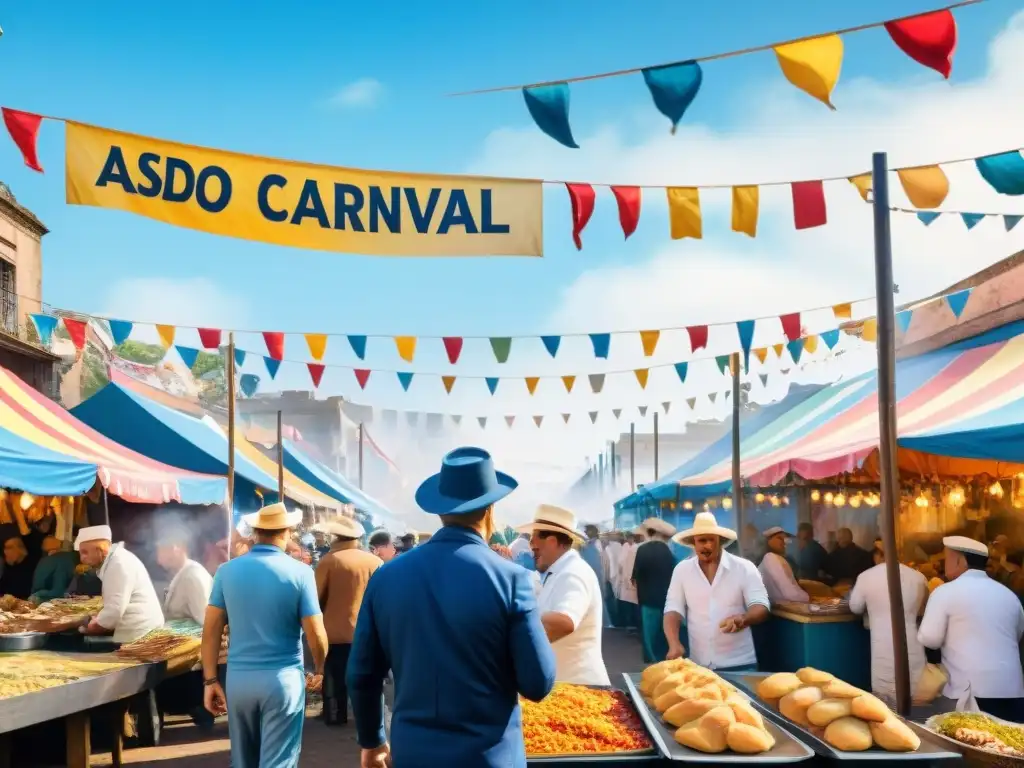 Vibrante mercado gastronómico del Carnaval Uruguayo con puestos coloridos y chefs preparando delicias típicas como asado y empanadas