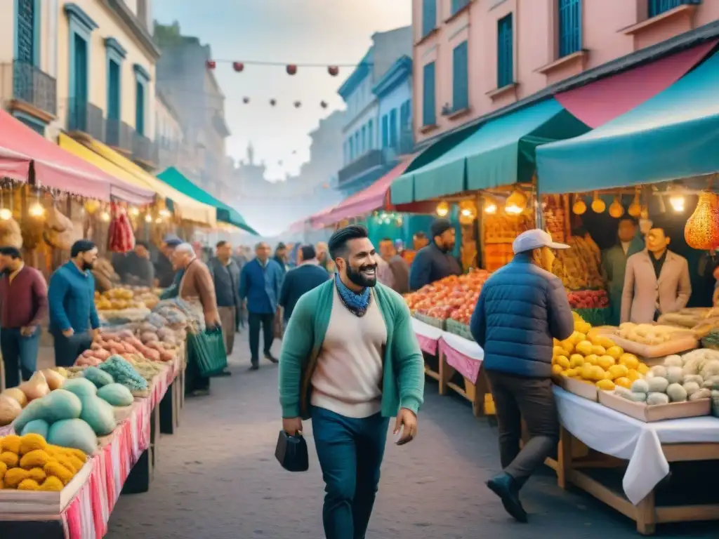 Vibrante mercado inspirado en el Carnaval Uruguayo con coloridos puestos de merchandising