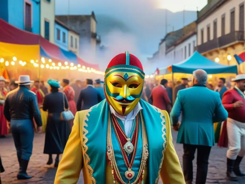 Vibrante mercado internacional Carnaval Uruguayo: escena colorida con comida tradicional, música y gente enmascarada