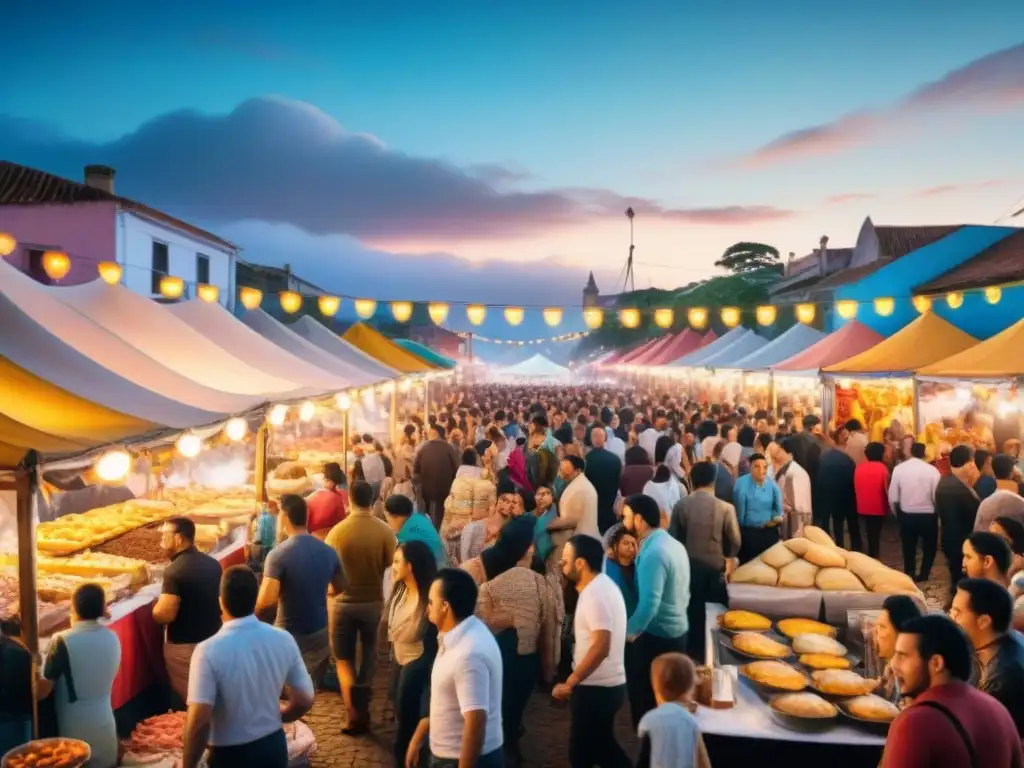 Vibrante mercado nocturno del Carnaval en Uruguay con delicias tradicionales