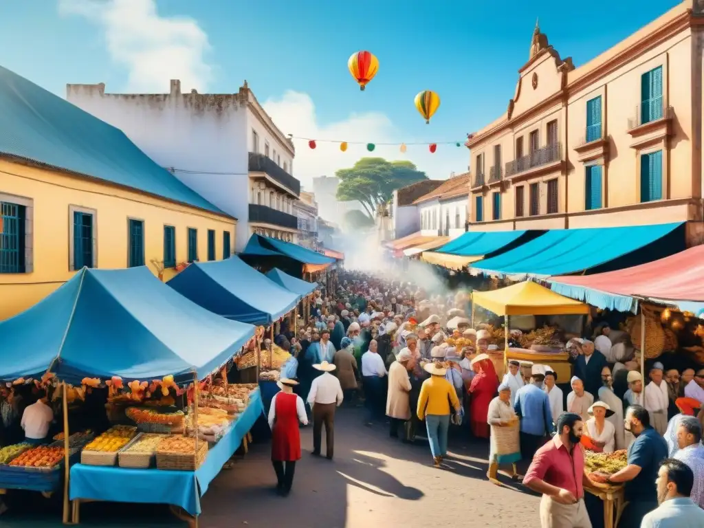 Un vibrante mercado uruguayo durante el Carnaval, con puestos de comida y gente celebrando