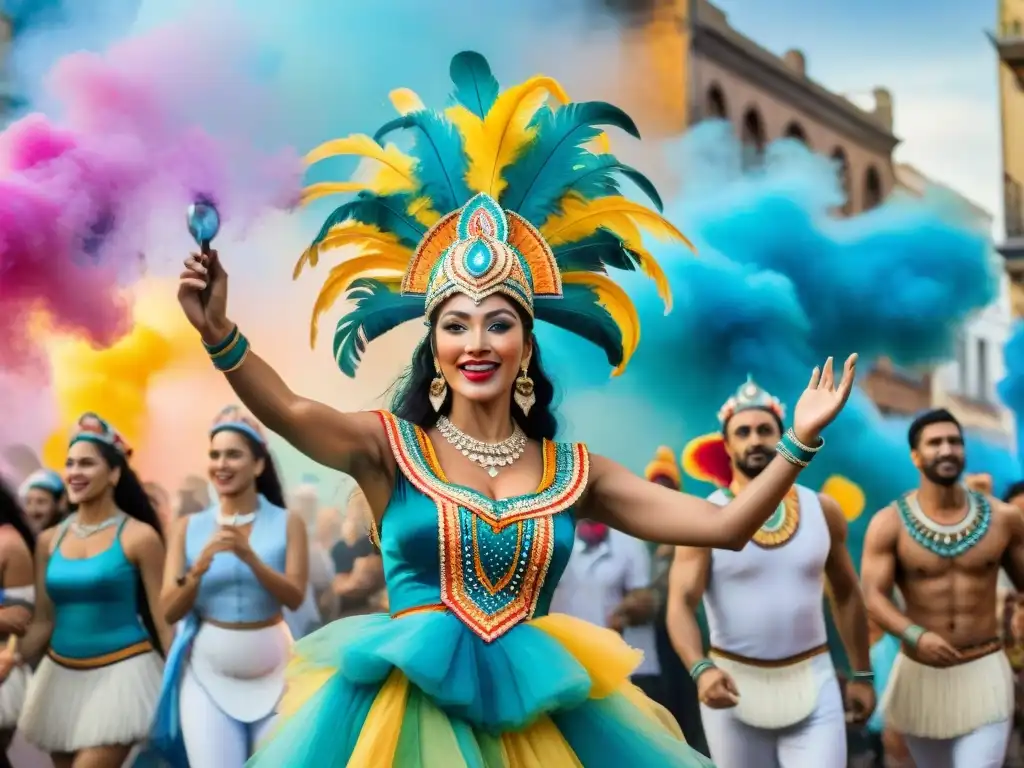 Vibrante mural acuarela del Carnaval Uruguayo, con desfile festivo y músicos, capturando la energía de la celebración