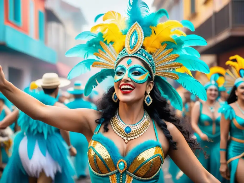 Un vibrante mural de acuarela de Ilustradores del Carnaval Uruguayo bailando alegremente entre confeti y espectadores emocionados