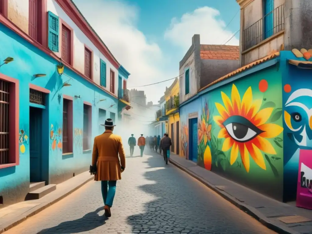 Un vibrante mural de arte urbano en Uruguay durante el Carnaval, fusionando símbolos tradicionales y modernos