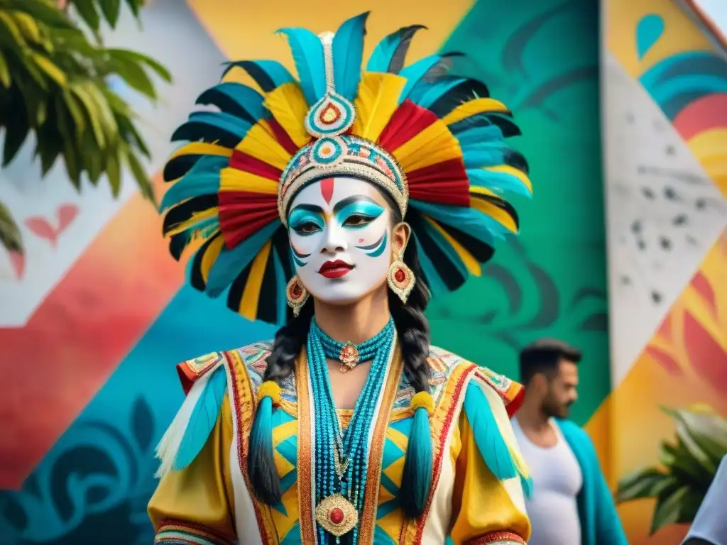 Un vibrante mural muestra a bailarines tradicionales uruguayos en atuendos festivos, rodeados de vegetación exuberante y patrones geométricos