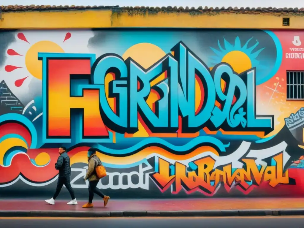 Un vibrante mural de graffiti durante el Carnaval en Uruguay, fusionando arte urbano y tradición uruguaya