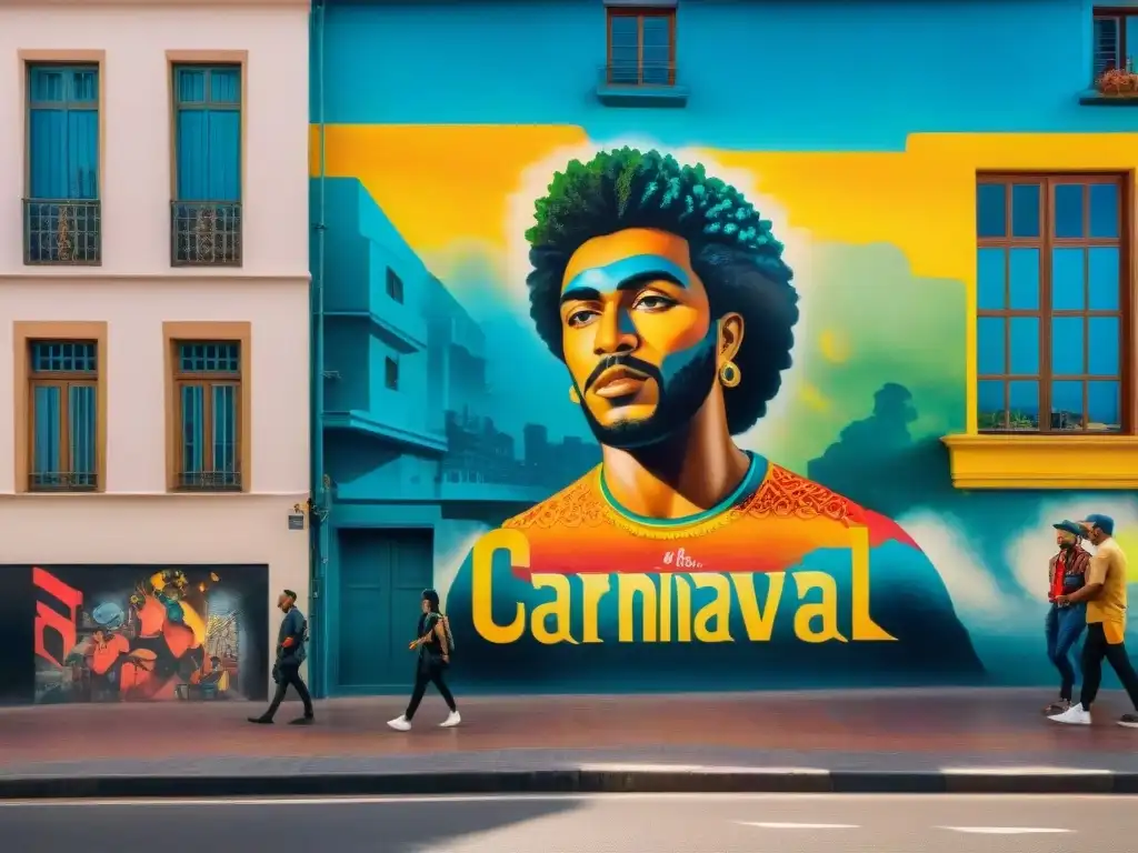 Un vibrante mural de graffiti en Montevideo durante el Carnaval, donde artistas crean arte con pasión en la calle