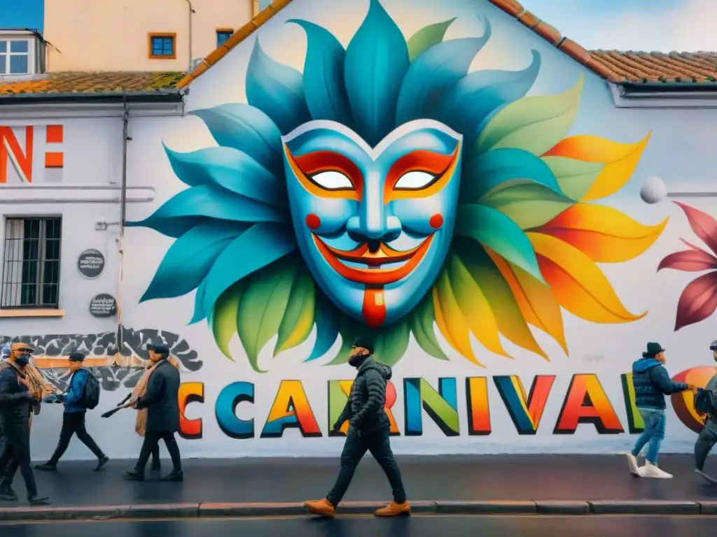 Vibrante mural de carnaval en una calle bulliciosa de Uruguay, reflejando la evolución del graffiti en Carnaval