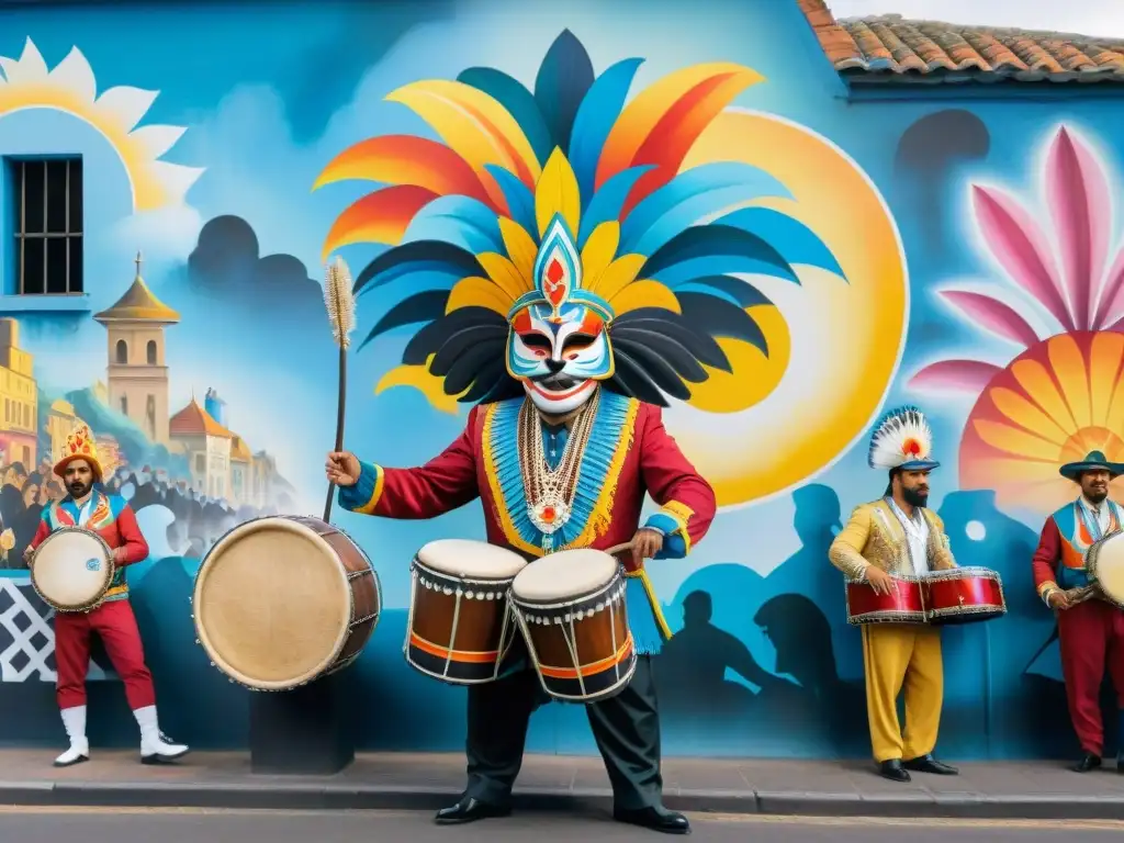 Un vibrante mural de graffiti urbano inspirado en el Carnaval Uruguayo, lleno de coloridos personajes y energía festiva