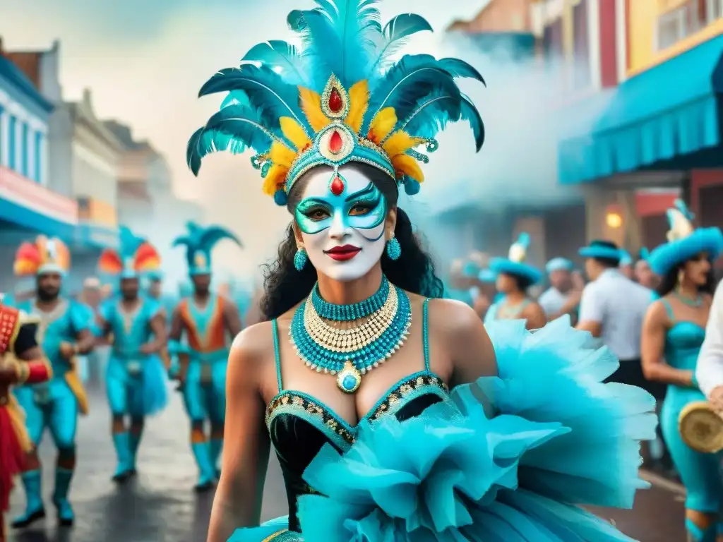 Ilustración acuarela vibrante del origen y evolución del Carnaval Uruguayo, desde rituales afro hasta festividades actuales