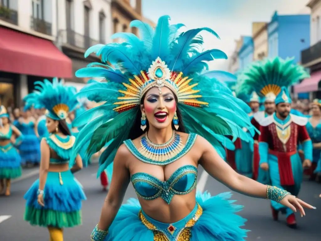 Una vibrante paleta de colores del Carnaval Uruguayo cobra vida en esta detallada acuarela, mostrando un desfile lleno de energía y color