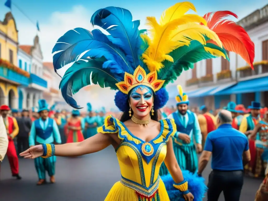 Una vibrante paleta de colores del Carnaval Uruguayo: calles llenas de gente y edificios coloniales, banderas ondeando al viento