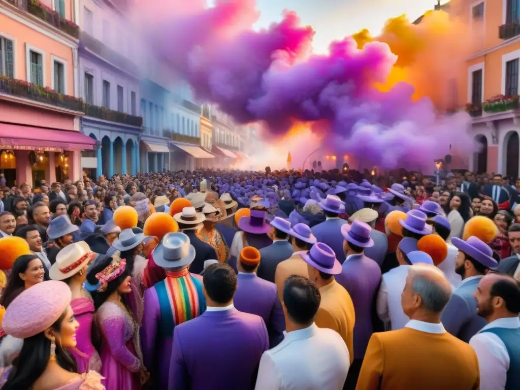 Una vibrante paleta de colores en el Carnaval Uruguayo: desfile lleno de vida, música y alegría bajo un cielo pintado en tonos cálidos