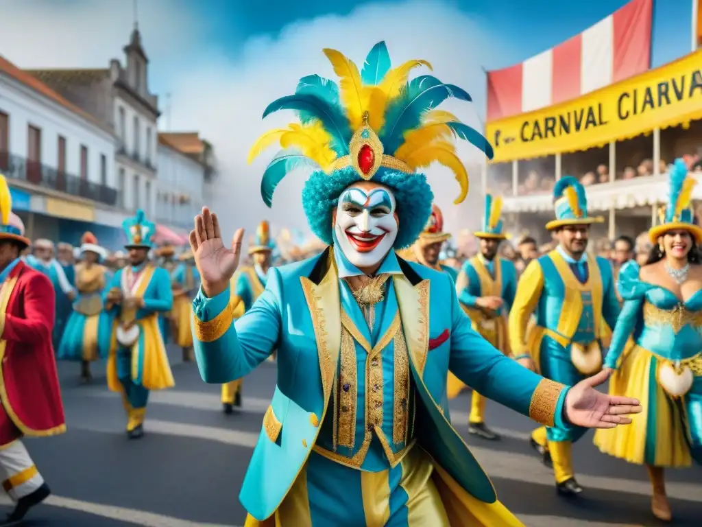 Una vibrante parada de carnaval en Uruguay, con parodistas y coloridos carros alegóricos