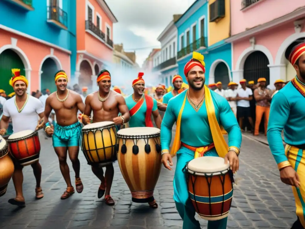 Una vibrante ilustración acuarela de personas diversas tocando tambores Candombe en desfile callejero en Uruguay