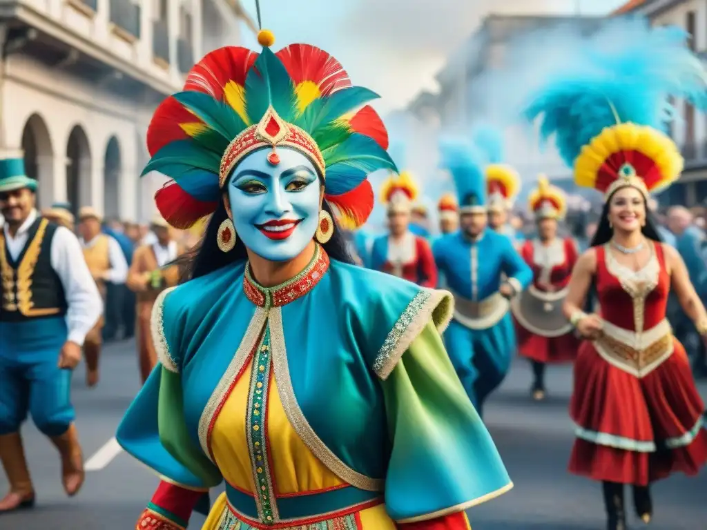 Una vibrante pintura acuarela del animado desfile de Carnaval en Uruguay, resaltando coloridos trajes y músicos