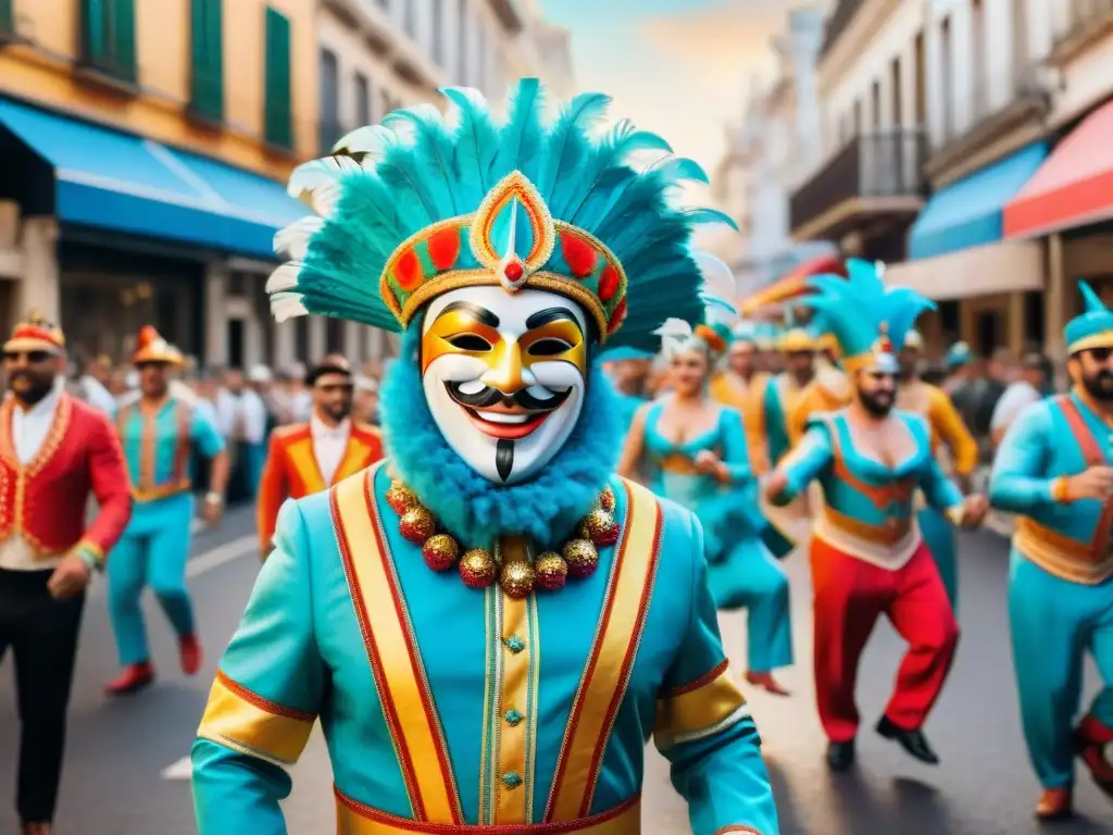 Vibrante pintura acuarela de artistas de carnaval en Montevideo 2023