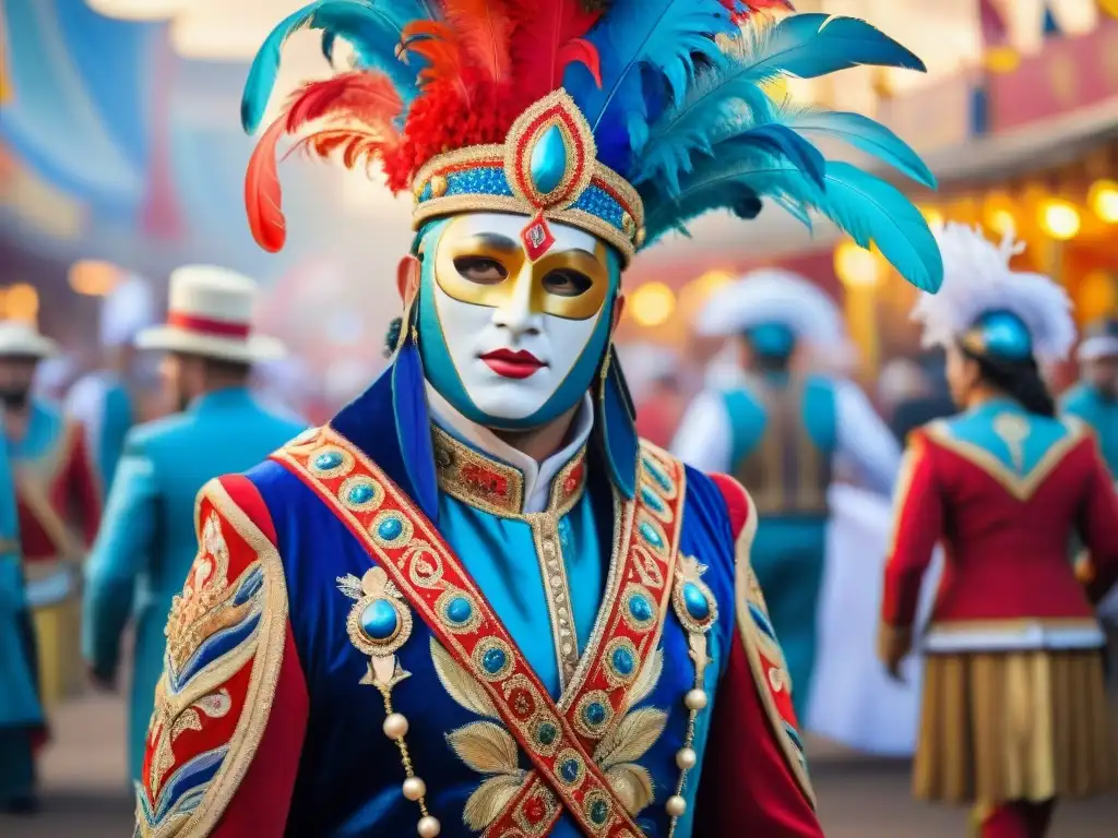 Vibrante pintura acuarela de un atuendo tradicional del Carnaval Uruguayo