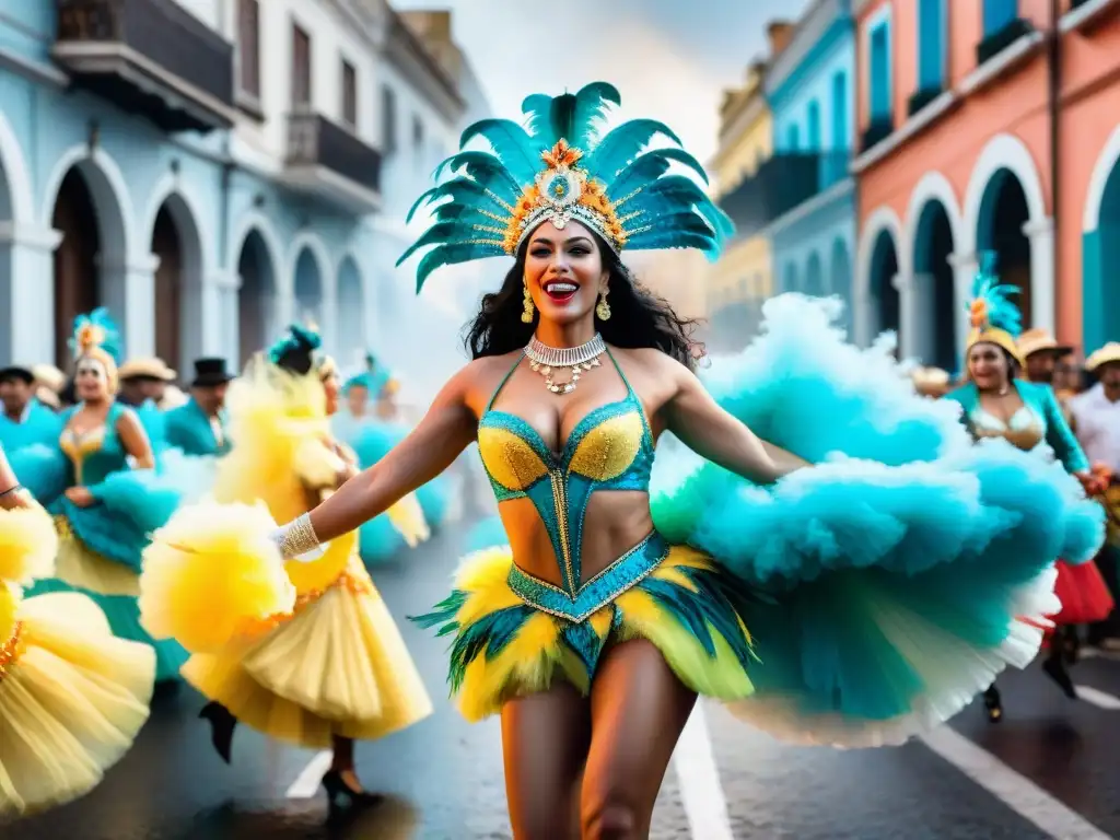 Vibrante pintura acuarela de bailarines en un desfile de Carnaval en Uruguay