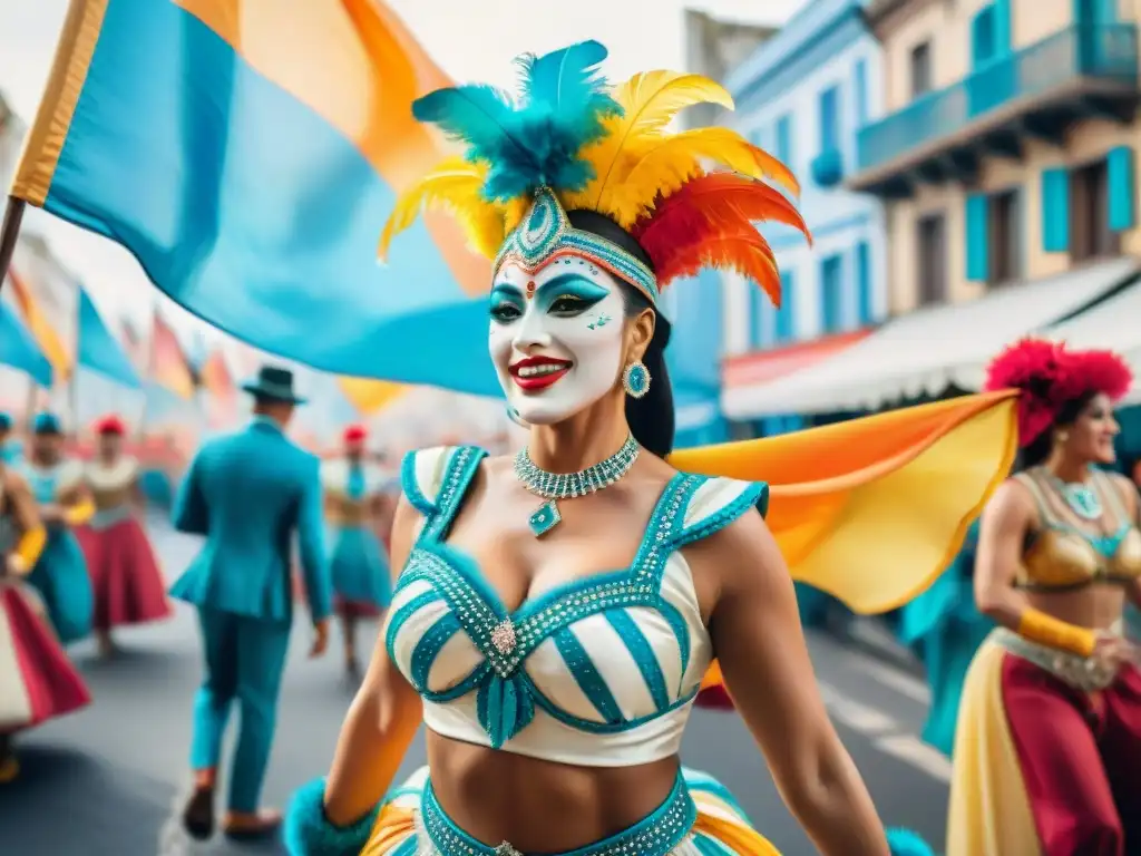 Vibrante pintura acuarela de bailarines de carnaval en Uruguay