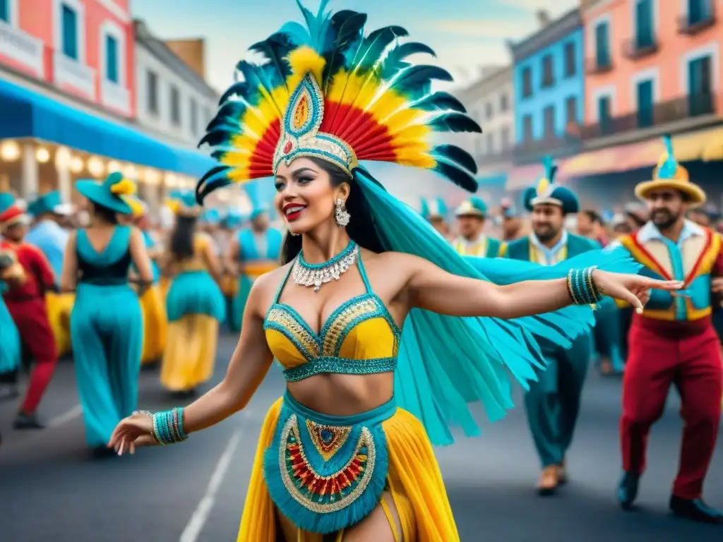 Vibrante pintura acuarela de bailarines en trajes de carnaval uruguayo, reflejando la energía y colorido del evento