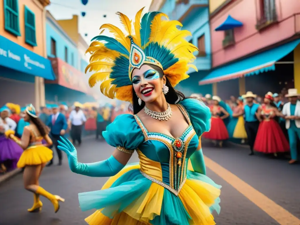 Vibrante pintura acuarela de bailarines en el Carnaval Uruguayo, reflejando la alegría y las Experiencias únicas Carnaval Uruguayo