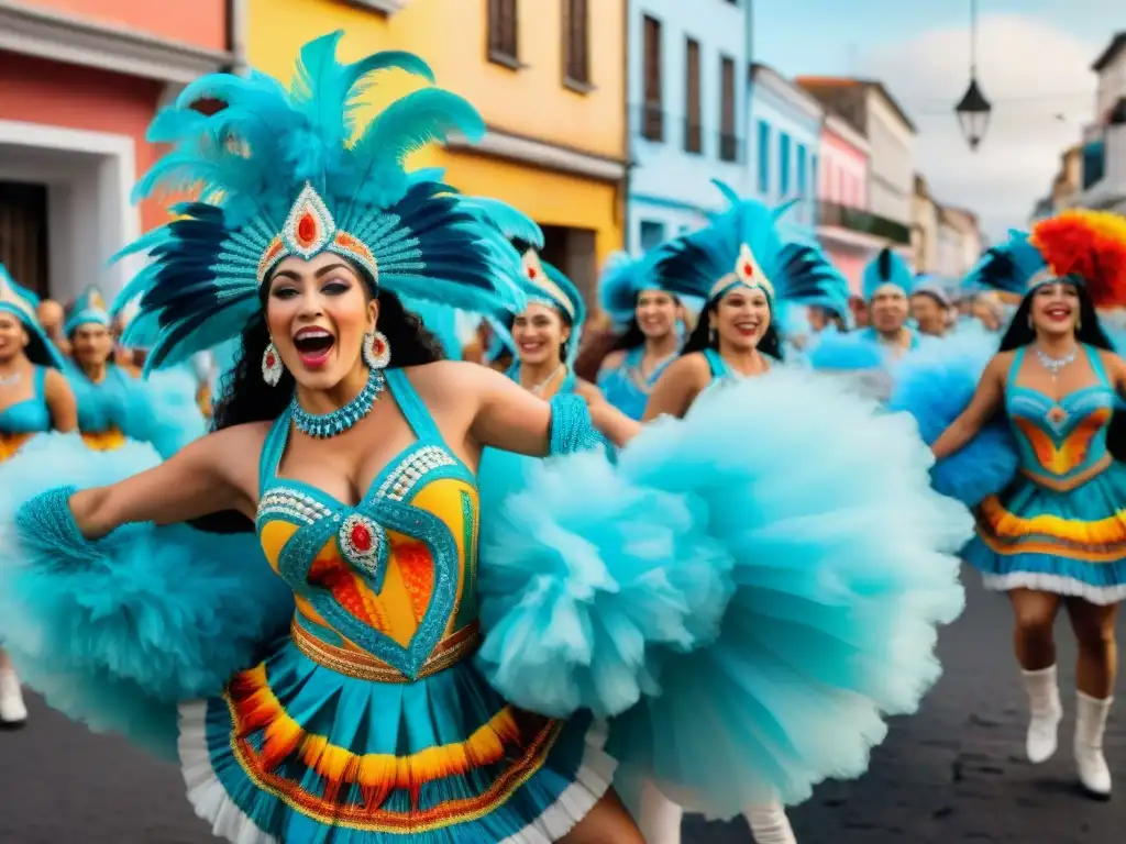 Vibrante pintura acuarela de bailarines en el Carnaval Uruguayo, con vestuarios detallados y colores brillantes, reflejando la identidad cultural