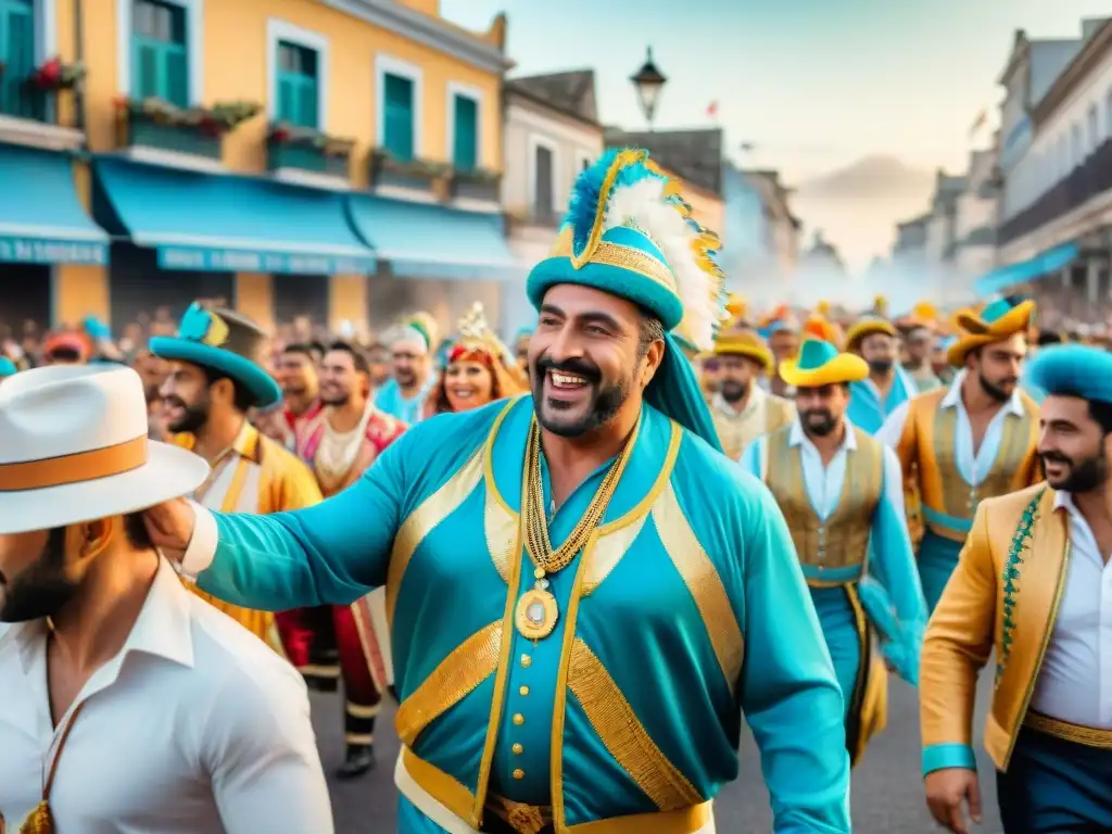 Vibrante pintura acuarela del bullicioso desfile de Carnaval en Uruguay, mostrando detalles de carrozas, trajes coloridos y músicos