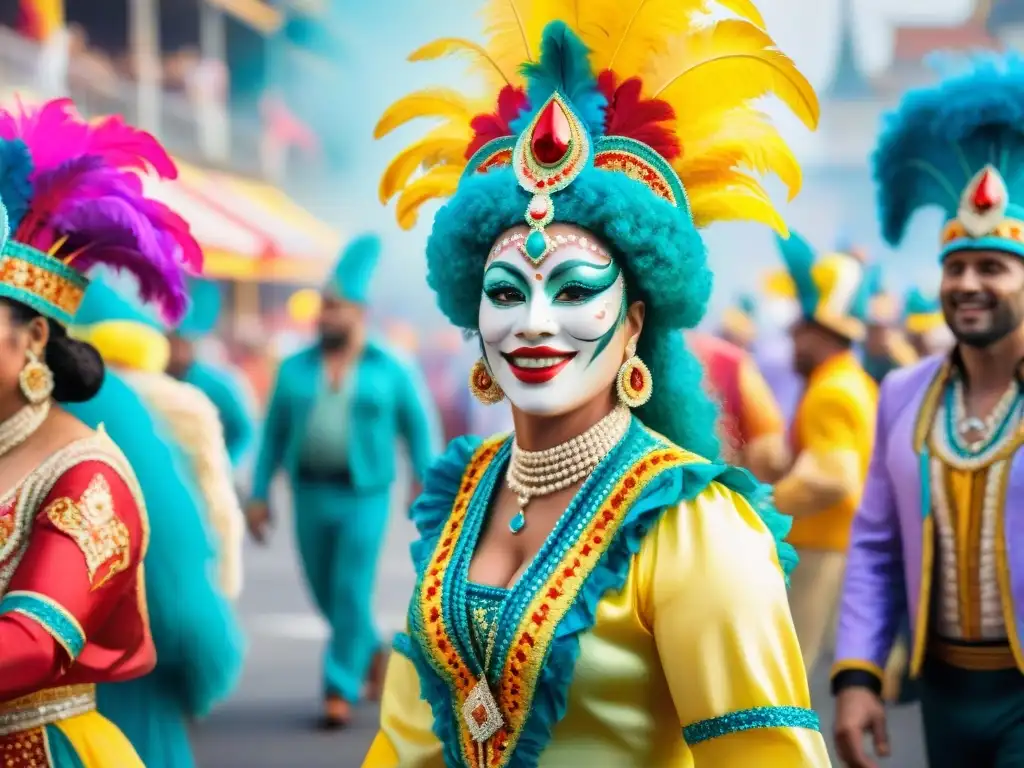 Una vibrante pintura en acuarela que retrata un bullicioso desfile de Carnaval, lleno de coloridos disfraces y espectadores de diversas culturas