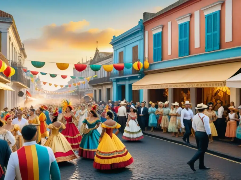 Vibrante pintura acuarela de calle uruguaya en Carnaval, consejos seguridad Carnaval Uruguayo