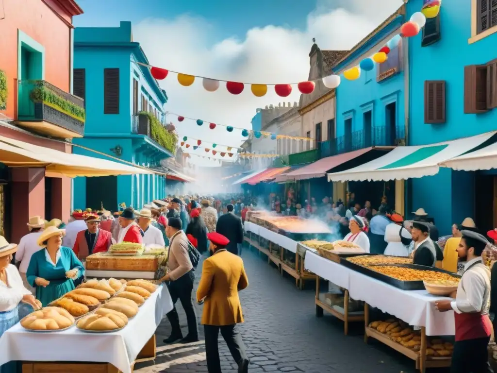 Vibrante pintura acuarela de una calle uruguaya durante Carnaval, con historia gastronomía Carnaval Uruguay