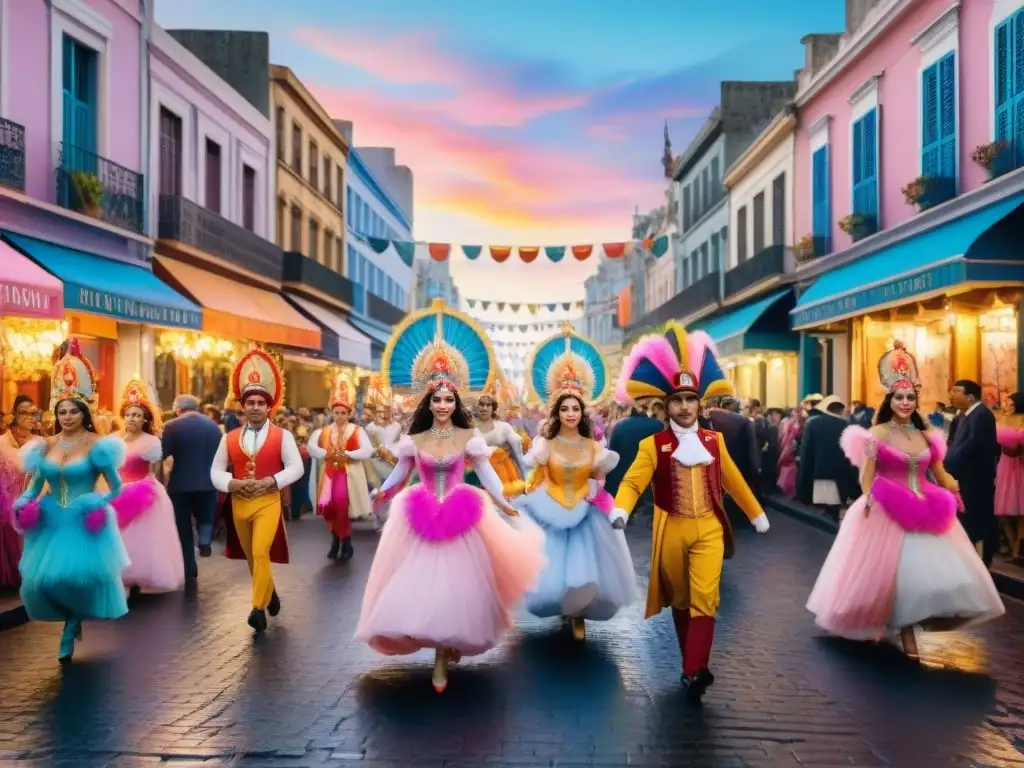 Vibrante pintura acuarela de calles en Carnaval Montevideo, Uruguay con los mejores trajes